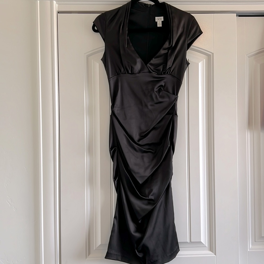 Black satin, deep, V mermaid style long, semi formal dress - 6